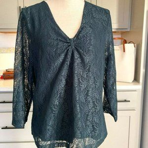 Jones New York Collection Dark Green Lace Top Sheer Sleeves Size XL
